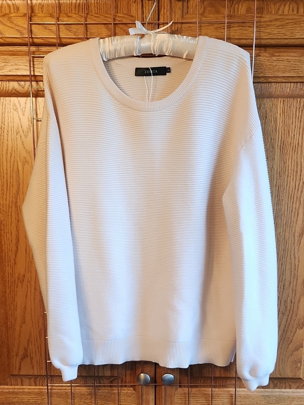 Zesica Cream Ribbed Crewneck Sweater, Size L